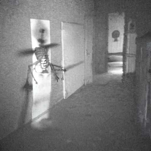 Image similar to insane nightmare, no light, everything is blurred, creepy shadows, haunted house, skeleton, very poor quality of photography, 2 mpx quality, grainy picture