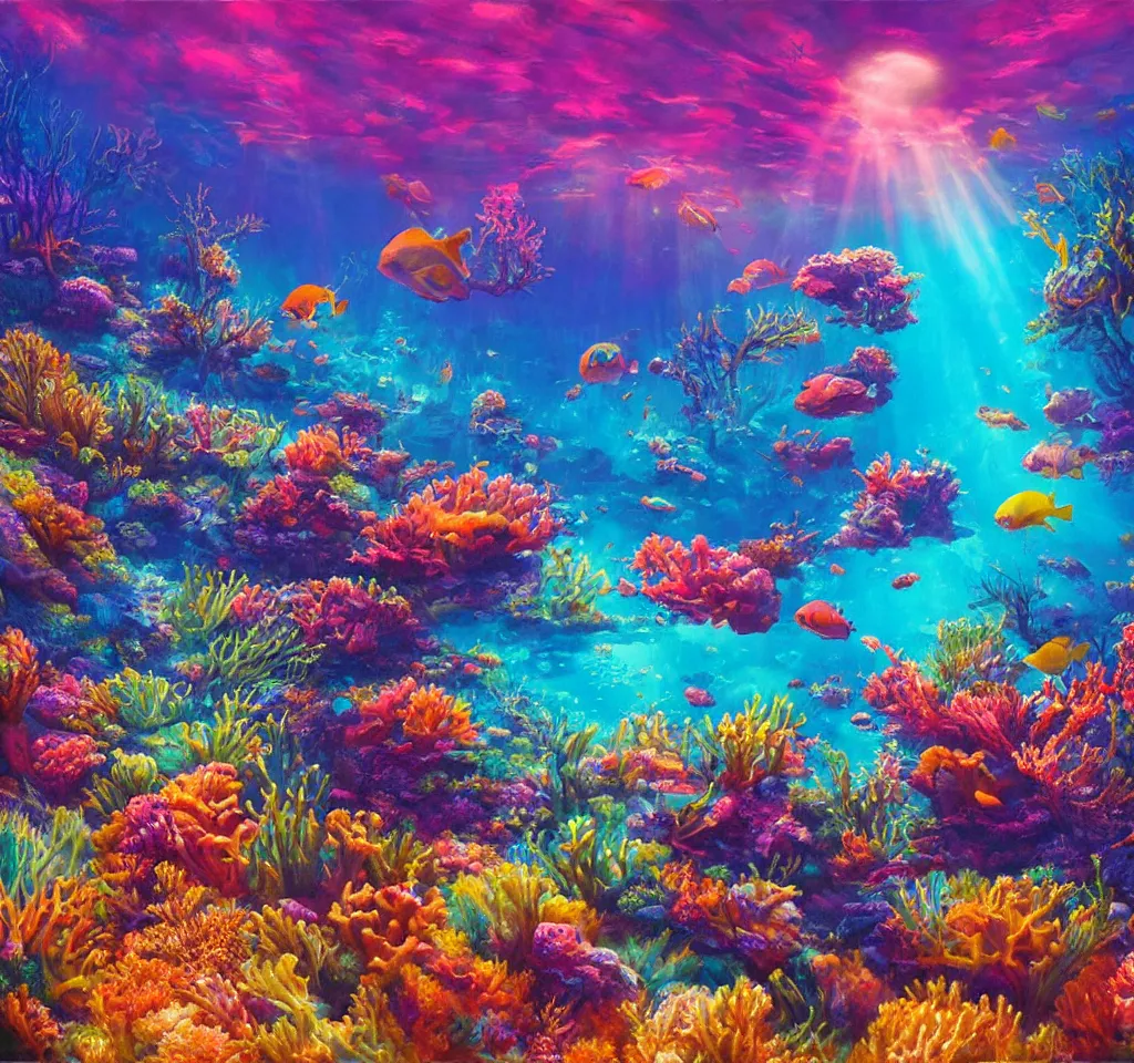 Image similar to underwater neon coral reef landscape magical realism painting with sun rays coming from above, neon pastel colors