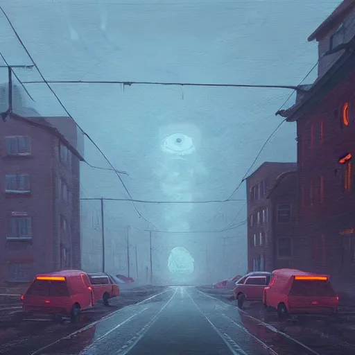 Image similar to an empty street at dusk, with a giant eldritch god emerging from the sky, rainy, wet streets, digital oil painting by simon stalenhag