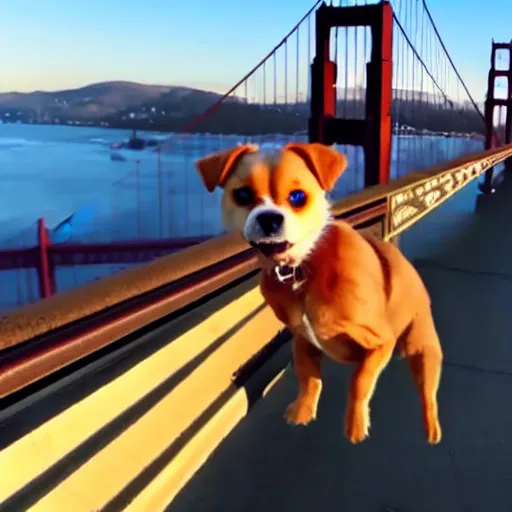 Image similar to insanely cute cuddling dog on golden gate bridge in pixar remake golden hour