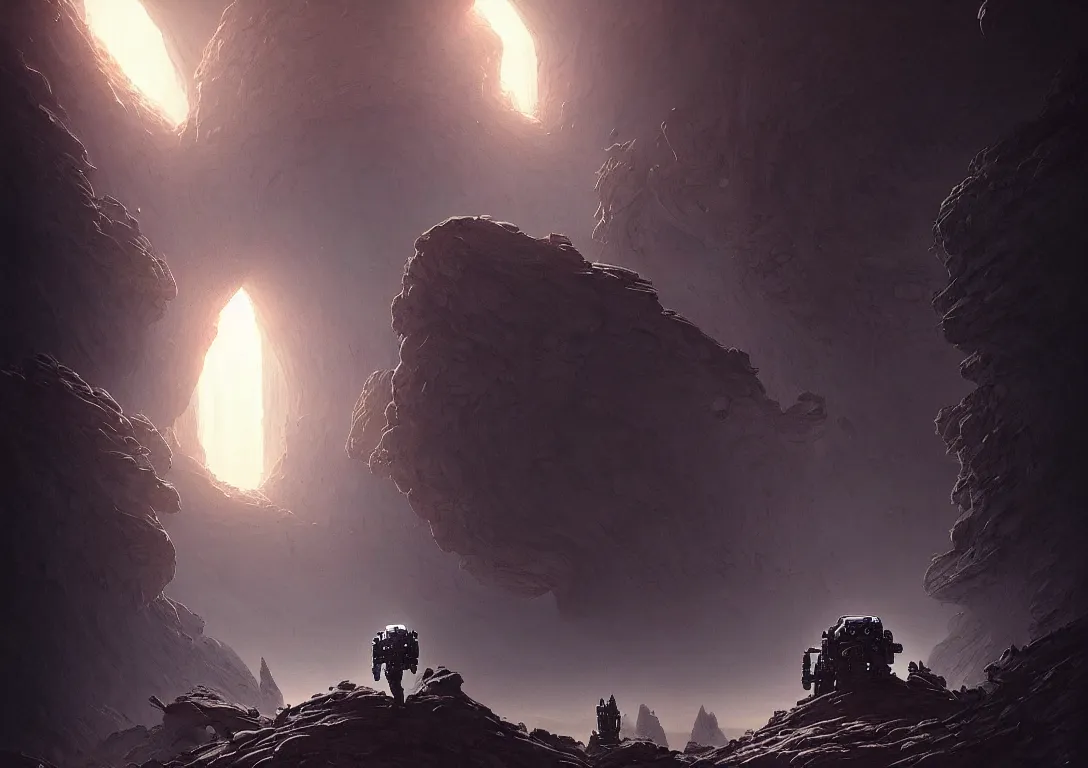 Image similar to ( ( astronaut exploring a strange surface of another planet at dusk ) ), ( ( ruins of ancient civilization ) ), ultra high definition, ultra detailed, symmetry, sci - fi, dark fantasy, in style of heavy metal comic, dark and horror style, metal by greg rutkowski and ross tran