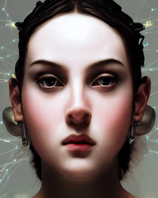 Image similar to 3 / 4 portrait photo by bouguereau of female dancer as a cyberpunk mecha humanoid robotic crown parts with straight bright led lights, inside white room, ultra - realistic and detailed, 8 k