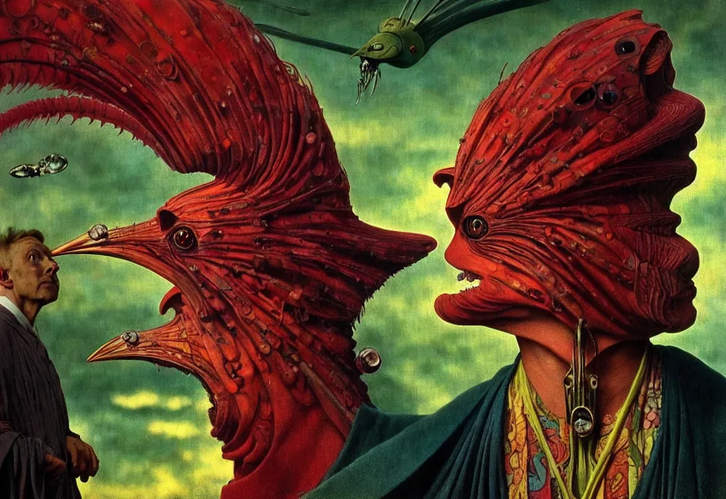 Image similar to realistic detailed portrait movie still of a birdman wearing dark robe, sci fi landscape background by denis villeneuve, amano, yves tanguy, alphonse mucha, max ernst, ernst haeckel, roger dean, masterpiece, rich moody colours, snarling dog teeth