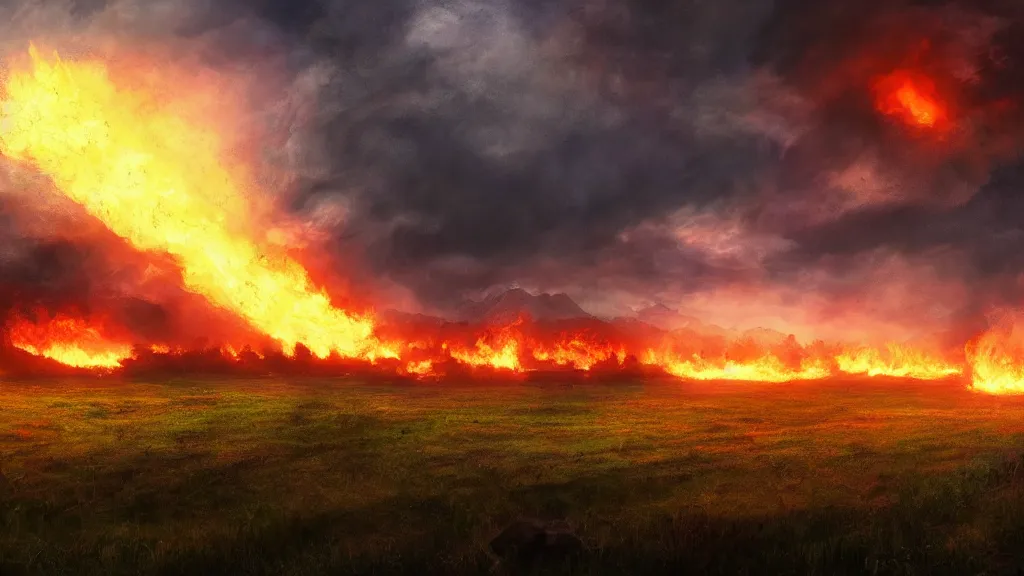 Prompt: farmland on fire, reach, Game of Thrones, volumetric lighting, fantasy artwork, very beautiful scenery, very realistic painting effect, hd, hdr, cinematic 4k wallpaper, 8k, ultra detailed, high resolution, artstation