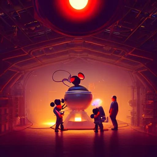 Image similar to photorender of many workers operating big mickey mouse head, low light, glowing red light behind, highly detailed 4 k intricate art, unreal engine, concept art, digital art, beeple, cgsociety, octane render, realistic, sharp focus, smooth, greg rutkowski, alphonse mucha