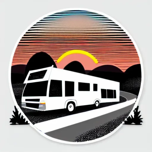 Prompt: a white and black cute thor chateau! motorhome camper!!, highway, colorful mountains and sunset!!, very happy, minimal vector sticker by tom whalen, sanja stikovic