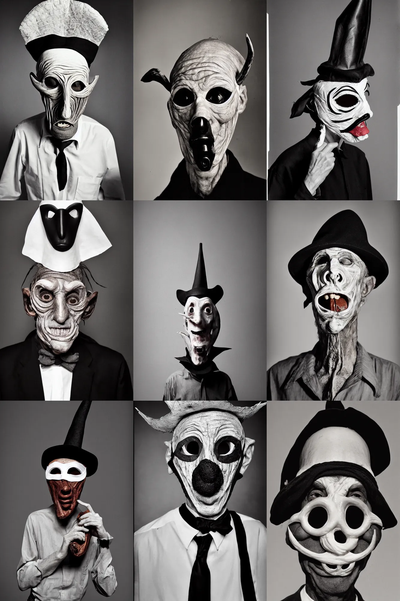 Prompt: portrait photo of an old wrinkled man, skinny face, bony face, long nose, crooked nose, large full mouth, black pulcinella masquerade mask, pointy conical hat, white wrinkled shirt, presenting pizza, black background, close - up, skin blemishes, menacing, intimidating, photo by arnold newman