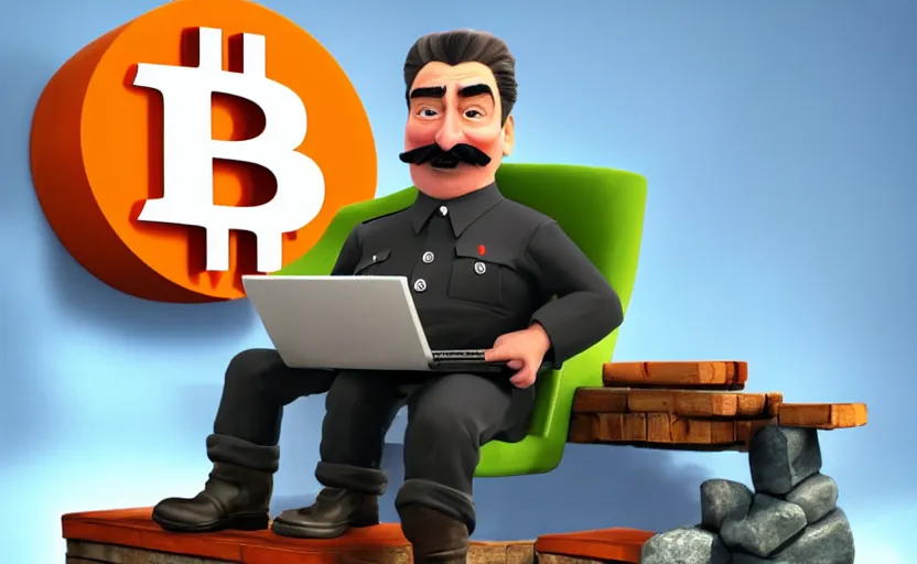 Prompt: very cute angry realistic josef stalin trading bitcoin in front of computer, disney pixar character concept artwork, 3 d concept, in a rock chair, high detail iconic character for upcoming film, 8 k octane render