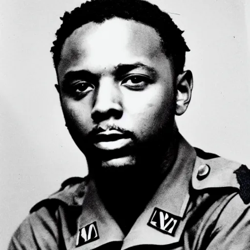 Prompt: Kendrick Lamar as a soldier during World War II, ww2, black and white, old photo, 1940