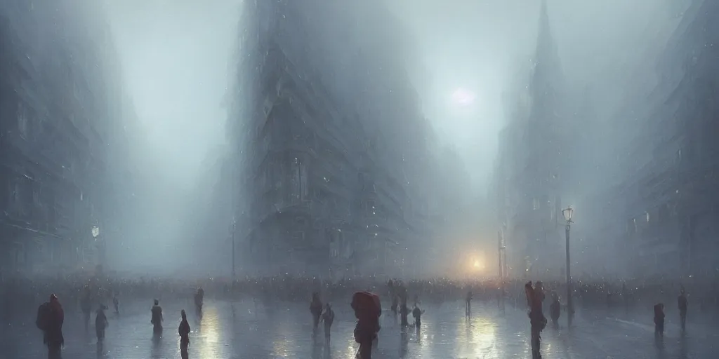 Image similar to a parade in a heavy swirling fog, soft lighting, night, stephen bliss, misty, unreal engine, oild painting, fantasy art by greg rutkowski, loish, rhads, ferdinand knab, makoto shinkai and lois van baarle, ilya kuvshinov, rossdraws, tom bagshaw, illustration, detailed and intricate environment