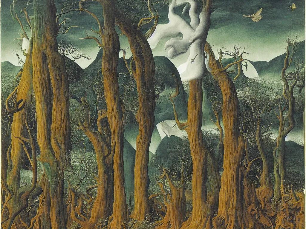 Prompt: Albino mystic with the back turned, with forest landscape flooded by a tsunami, giant wave. Painting by Jan van Eyck, Audubon, Rene Magritte, Agnes Pelton, Max Ernst, Walton Ford