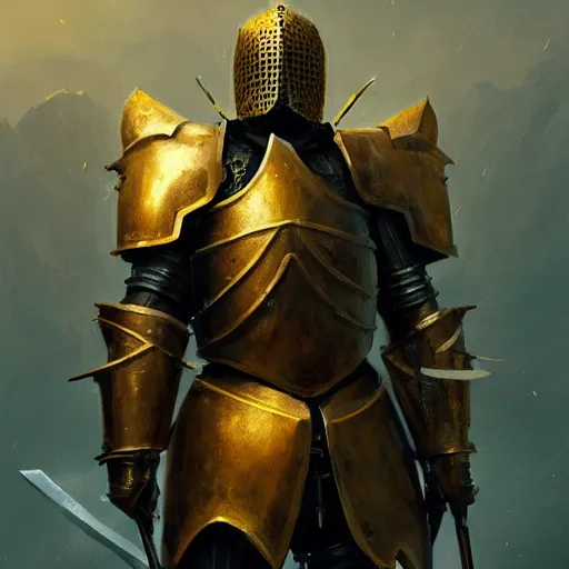 Image similar to anthropomorphic knight warrior in battle wearing black and gold plate armor, oil painting, Tooth Wu, Greg Rutkowski, RPG, dynamic lighting, fantasy art, High contrast, depth of field, landscape, scenery