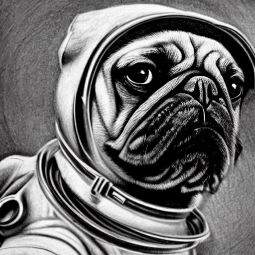 Image similar to pencil art, golden - ratio, spirals, highly detailed, astronaut pug in outer space by davinci.