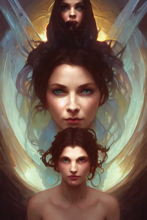 Image similar to bright cube above a portrait of a beautiful dark mystical woman, ice blue eyes, artstation, concept art, smooth, sharp focus, illustration, art by artgerm and greg rutkowski and alphonse mucha and william - adolphe bouguereau