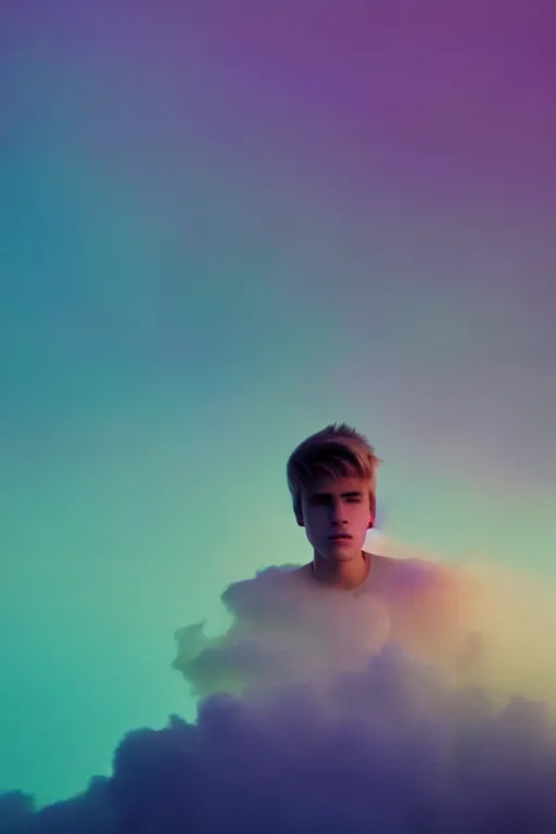 Prompt: high quality pastel coloured film close up wide angle photograph of justin bieber wearing clothing swimming on cloud furniture in a icelandic black rock environment in a partially haze filled dreamstate world. three point light, rainbow. photographic production. art directed. pastel colours. volumetric clouds. pastel gradient overlay. waves glitch artefacts. extreme facial clarity. 8 k. filmic.