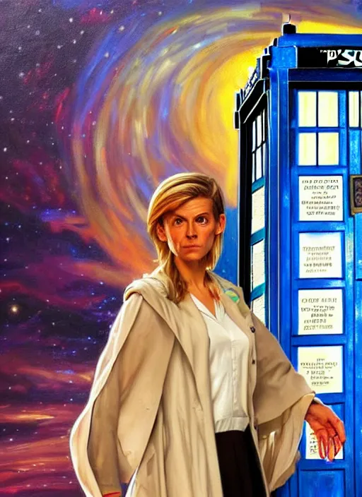 Prompt: oil painting of the thirteenth doctor from doctor who with her tardis, intricate, elegant, highly detailed, lighting, painting, artstation, smooth, illustration, art by greg rutowski and alphonse mucha