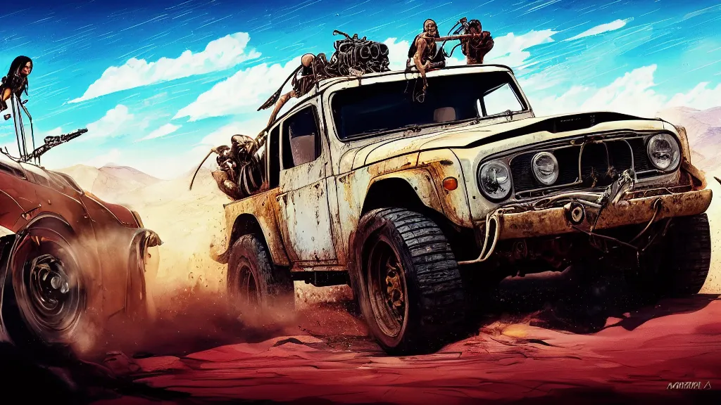 Image similar to digital illustration of mad max's fj 4 0 pursuit special riding fury road eternal shiny and chrome, the last v 8 interceptor driving down to the gates of valhalla highway in the middle of the day, anime style, year 2 0 9 3, by makoto shinkai, ilya kuvshinov, lois van baarle, rossdraws, basquiat