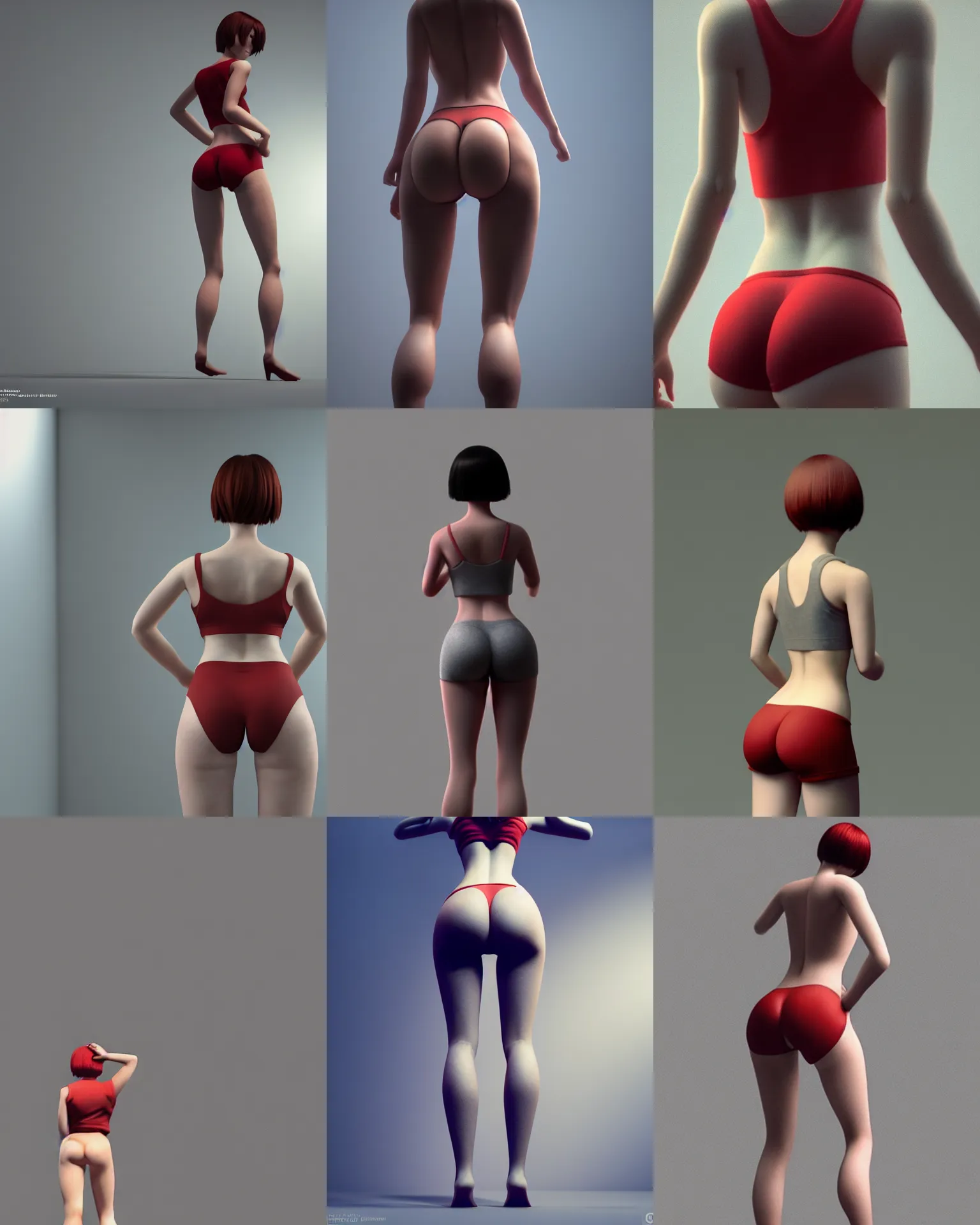 Prompt: short red haired girl wearing grey underwear, view from behind , facing away , hourglass slim figure , hands on hips. By Greg Rutkowski, Ilya Kuvshinov, WLOP, Stanley Artgerm Lau, Ruan Jia and Fenghua Zhong, trending on ArtStation, subtle muted cinematic colors, made in Maya, Blender and Photoshop, octane render, excellent composition, cinematic atmosphere, simple white background , dynamic dramatic cinematic lighting, precise correct anatomy, aesthetic, very inspirational, arthouse