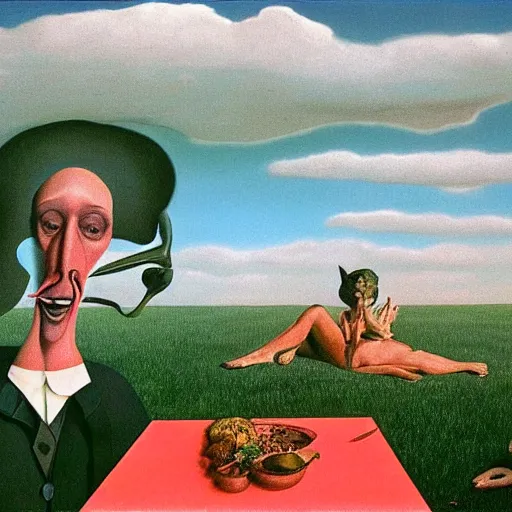 Image similar to a happy man having a picnic on a nice day, surrealist art in the style of salvador dali and zdzisław beksinski, highly detailed, trending on wikiart