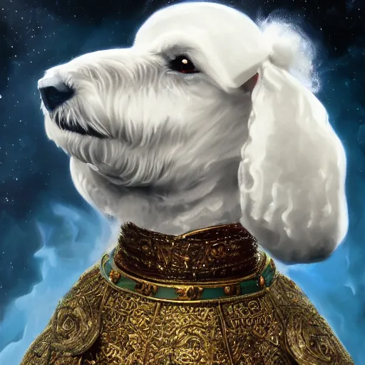 Prompt: oil painting portrait of a white poodle wearing medieval royal robe and an ornate crown on a dark nebula background digital Art, concept Art, highly detailed, 3-D 4K, trending on art station, Mark Brooks,