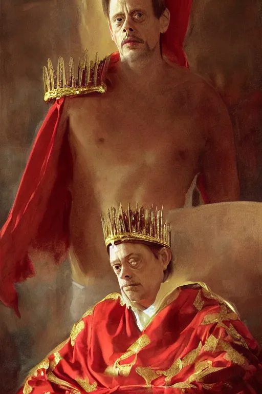 Image similar to beautiful portrait oil painting, steve buscemi wearing a golden wreath crown in royal crimson robes enthroned as the god emperor of ancient rome, mid - shot, by anders zorn, wonderful masterpiece by greg rutkowski, beautiful cinematic light, american romanticism, by thomas lawrence, greg rutkowski