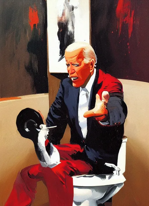 Image similar to joe biden shitting on toilet!!!!!!!!!!!!!!!!!! straining, red face, uh oh!, painting by phil hale, fransico goya,'action lines '!!!, graphic style, visible brushstrokes, motion blur, blurry, visible paint texture, crisp hd image
