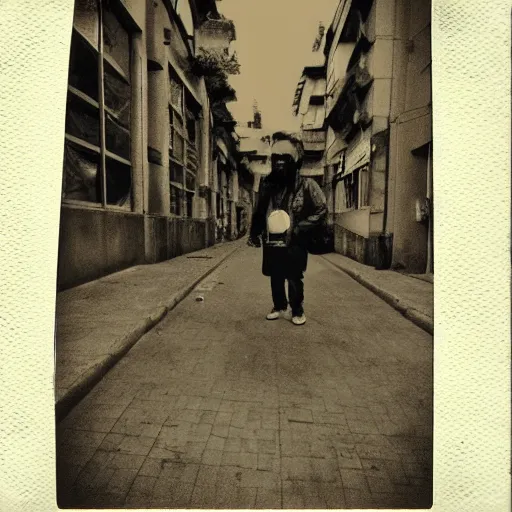 Image similar to polaroid picture, sepia, homeless manu chao in the streets of bogota, ethereal, trending on artstation