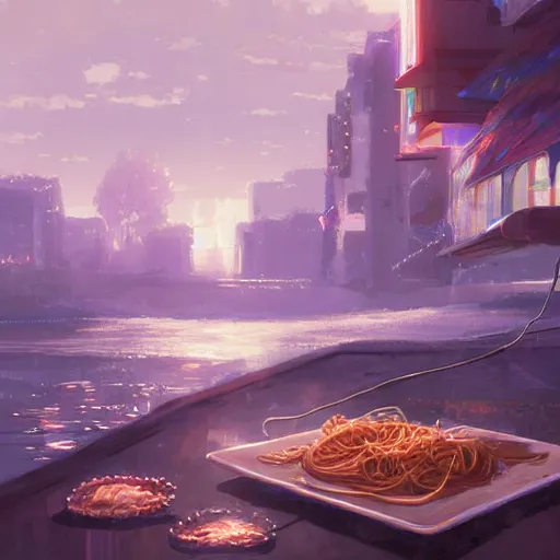 Prompt: Spaghetti with luminous squid smelt and giant squid meat, fantasy art, natural, illustration, art by Makoto Shinkai