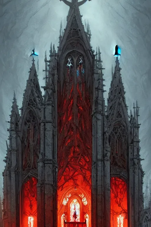 Prompt: a beautiful and terrifying painting with high details of a church made of white bones and skeletons, with white bones in the foreground, red energetic flame burningmovie atmosphere, movie lights, 8 k, light effect, rtx on, trending on artstation, by kilian eng, lee madgwick, bastien lecouffe - deharme