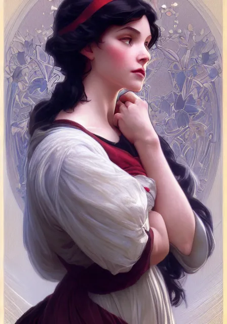 Image similar to snow white and hunter, intricate, elegant, highly detailed, digital painting, artstation, concept art, smooth, sharp focus, illustration, art by artgerm and greg rutkowski and alphonse mucha and william - adolphe bouguereau