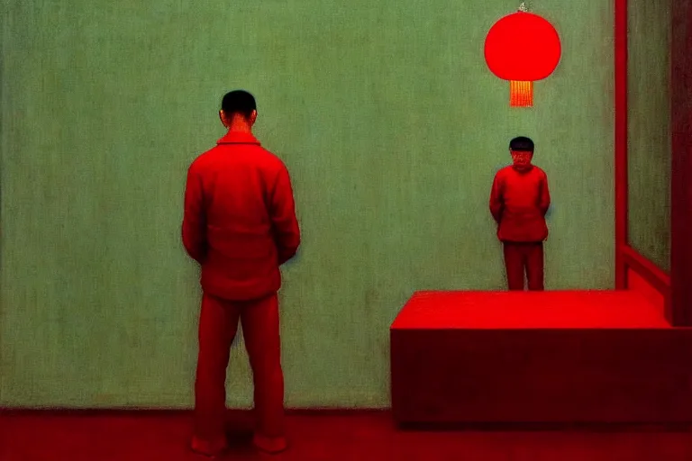 Image similar to a chinese prisoner, in the style of beksinski, parts by edward hopper, parts by rodcenko, parts by yue minjun, intricate and epic composition, red by caravaggio, insanely quality, highly detailed, masterpiece, red light, artstation, 4 k