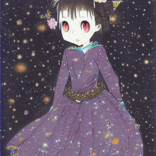 Prompt: a tamura yoshiyasu style drawing of a girl wearing a beautiful dress that has a galaxy and water design, 8 k, highly detailed,