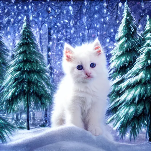 Prompt: beautiful cute fluffy white kitten in forest of christmas trees with icicles dripping from branches magical realism detailed painting 4K