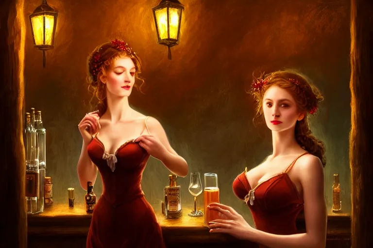 Image similar to a beautiful barmaid, dimly lit cozy tavern, relaxed pose, fantasy, intricate, elegant, dramatic lighting, emotionally evoking symbolic metaphor, highly detailed, lifelike, photorealistic, digital painting, artstation, concept art, smooth, sharp focus, illustration, art by John Collier and Albert Aublet and Krenz Cushart and Artem Demura and Alphonse Mucha, masterpiece