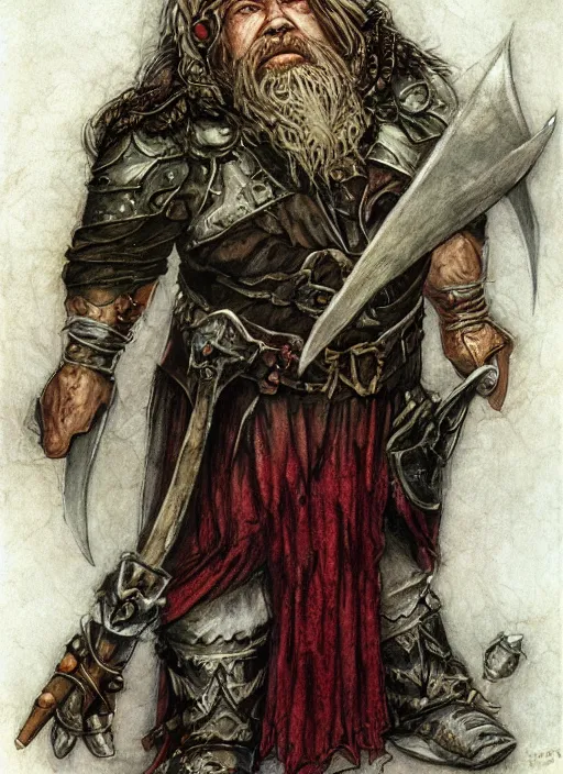 Image similar to full body of a dwarf sorcerer, beautiful! coherent! dungeons and dragons character, by brian froud, larry elmore, gerald brom, ralph horsley, wayne reynolds, strong line, deep color, chainmail, short red hair, high contrast