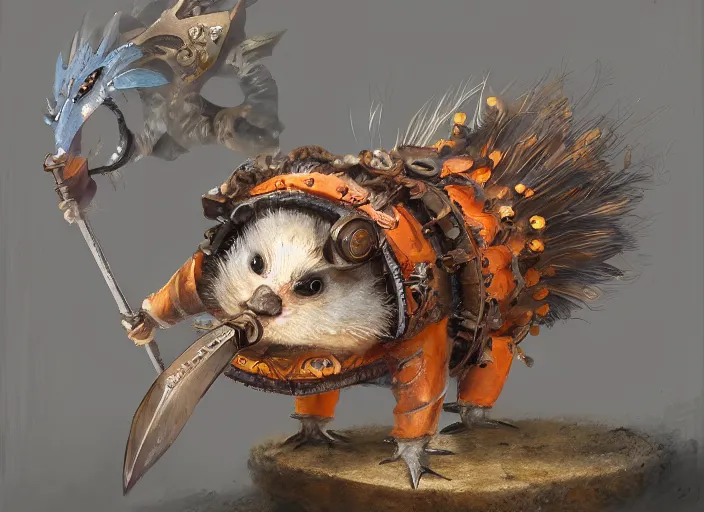 Image similar to ashigaru steampunk feathered mouse, colorful plumage, lacquered armor, polearm glaive, cute but determined, hard focus, art station, by jessica rossier and brian froud, cinematic, orange grey white