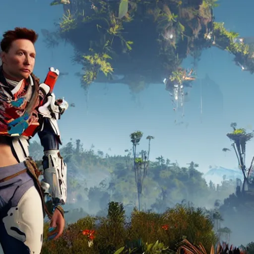 Image similar to Elon musk as a character in horizon zero dawn