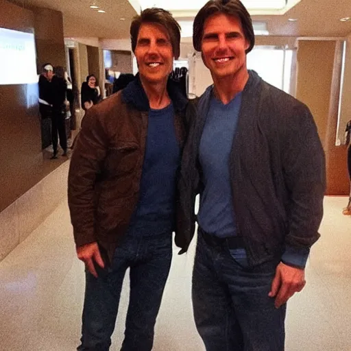 Image similar to just took a photo with a Tom Cruise look-alike, does he really look like Tom Cruise? viral photo, instagram photo, the camera flash is bright in his face,