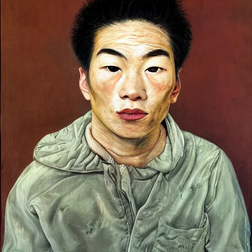 Prompt: detailed portrait of a modern, young confident asian american young man, by lucian freud, francis bacon, john chamberlain, willem de kooning, andreas franke, jean giraud, rob gonsalves, james gurney, james jean, ruan jia, gustav klimt