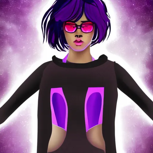 Image similar to poster artwork, sci fi, a female, full body, black hoodie techie, black hair with purple streaks, 8 k