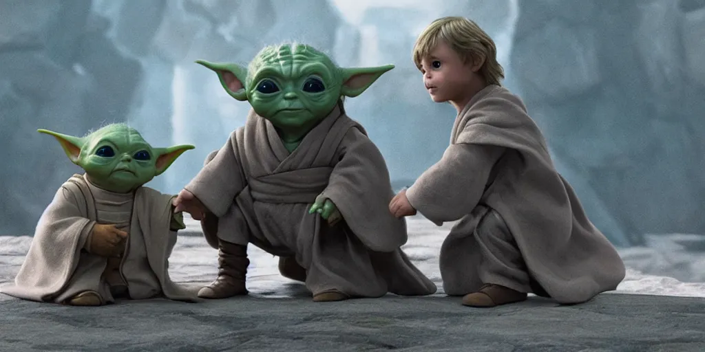 Image similar to Luke Skywalker teaches baby yoda at Jedi Temple scene from Force Awakens, 2022, serene, iconic scene, stunning cinematography, anamorphic lenses, kodak film