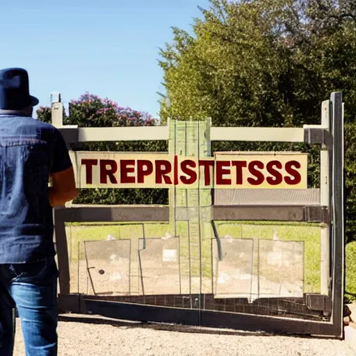 Prompt: a man entering through a gate with a sign that says 'No Trespassers'