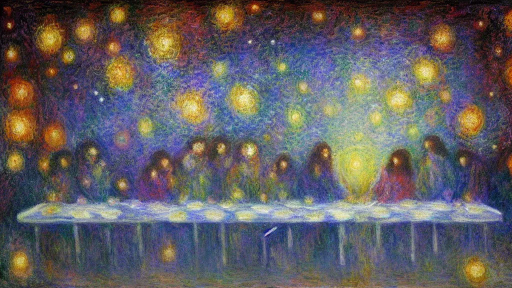 Image similar to the last supper claude monet, space, stars, nebula explosion, milky way, galaxy, galactic, digital art.