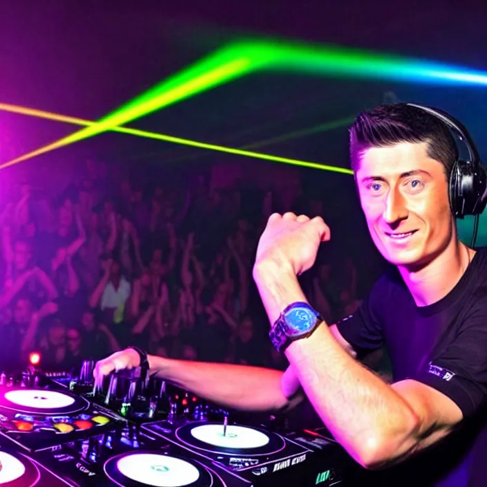 Prompt: robert lewandowski as a dj in the club, photorealiscic face, darc bacgroud, lasers