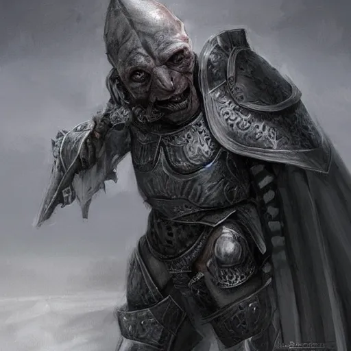 Prompt: handsome old grey orc wearing medieval suit of armor, illustration, concept art, art by wlop, dark, moody, dramatic