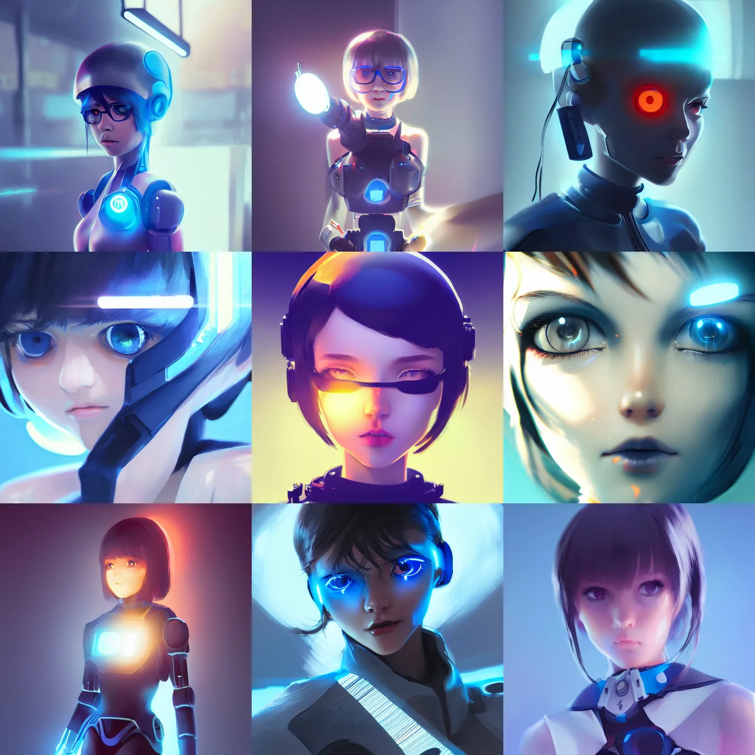 Prompt: worksafe. cgsociety, by wlop, ilya kuvshinov, trending on artstation. cute robot girl with glowing blue eyes, cinematic dramatic atmosphere, sharp focus, volumetric lighting.