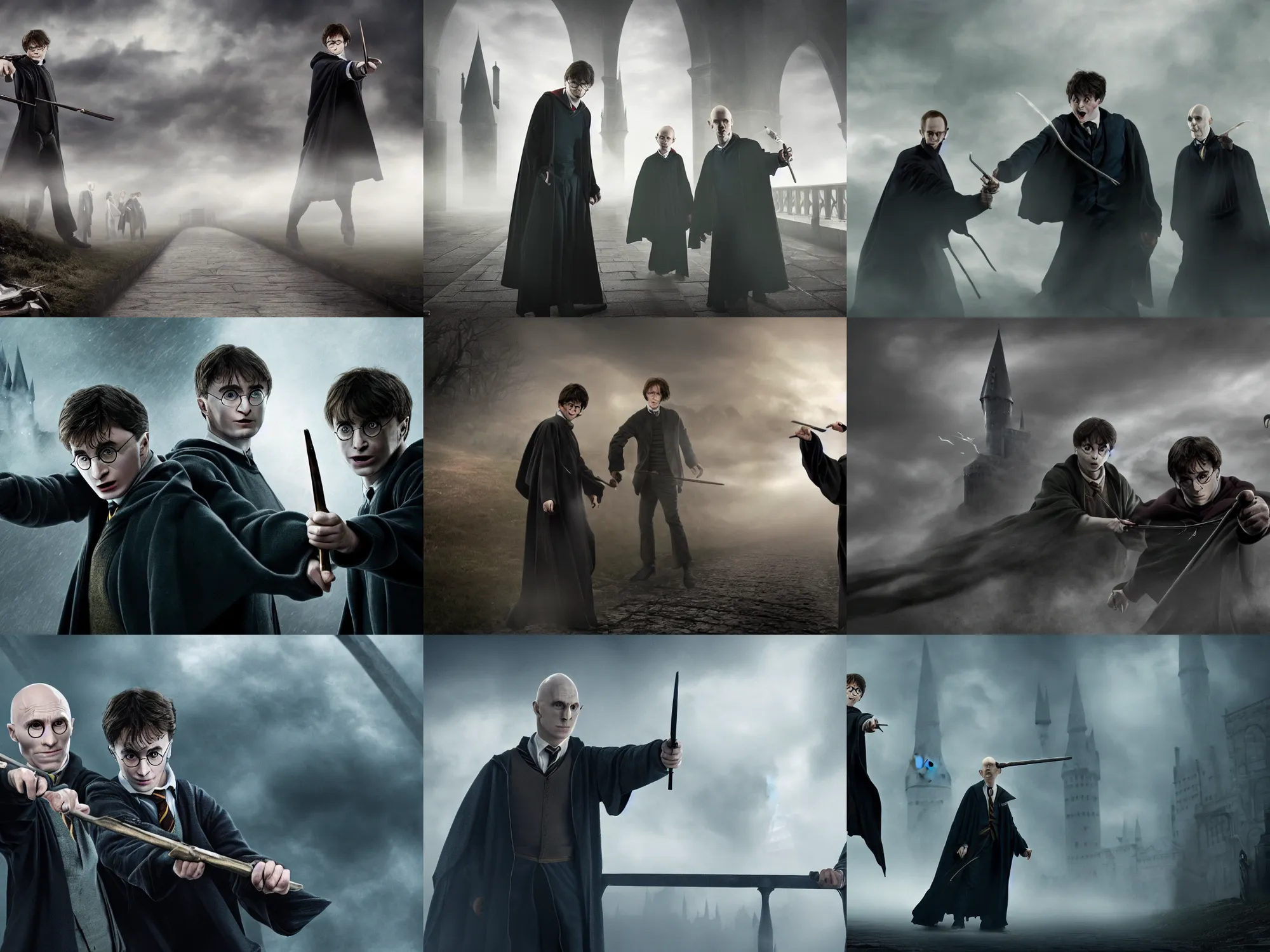 Prompt: harry potter and voldemort pointing guns!!! at each other on a bridge with mist, moody lighting, dark, expressive, realistic, 4 k, realism