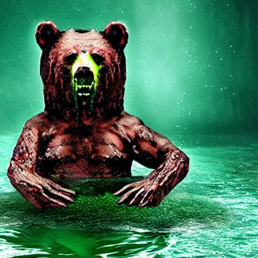 Image similar to zombie bear swimming in a toxic green pool of liquid, photo image by national geographic + realistic horror