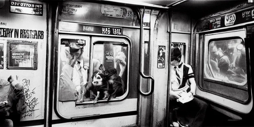 Image similar to new york subway cabin 1 9 8 0 s inside all in graffiti, 1 9 8 0 s policeman with the k - 9 dog, coloured film photography, christopher morris photography, bruce davidson photography