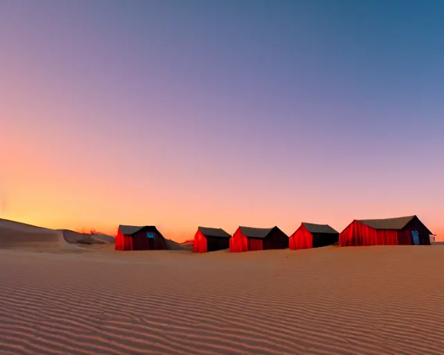 Image similar to sand dunes, empty abandoned shacks, setting sun, black, purple, and red